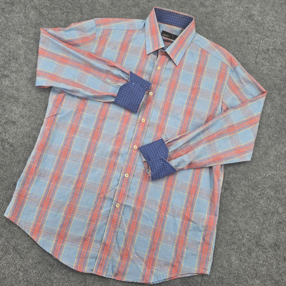 Quieti Mens Large Blue Orange Plaid Paisley Jacquard Fine Cotton Button Down